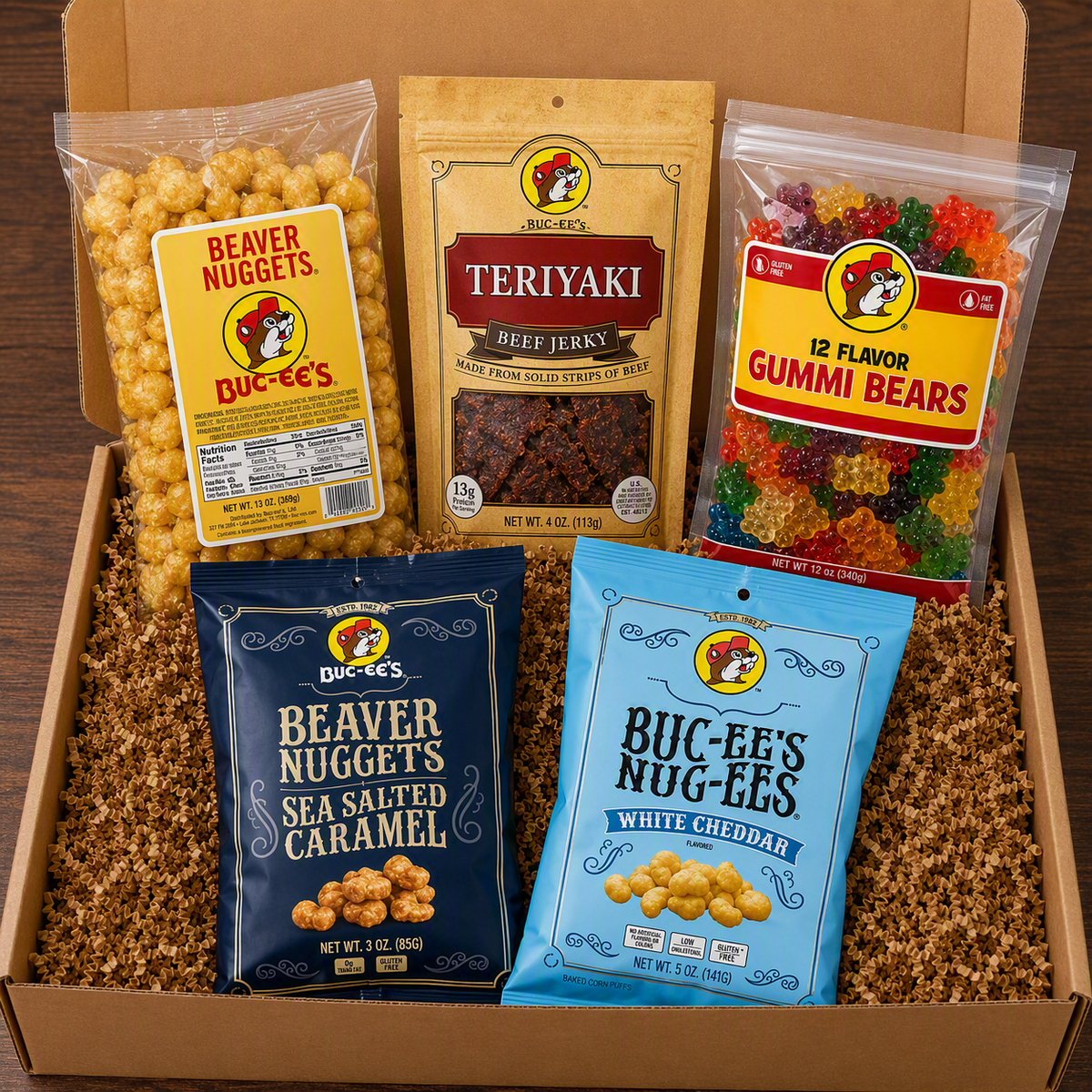 A gift box filled with Buc-ee's snacks