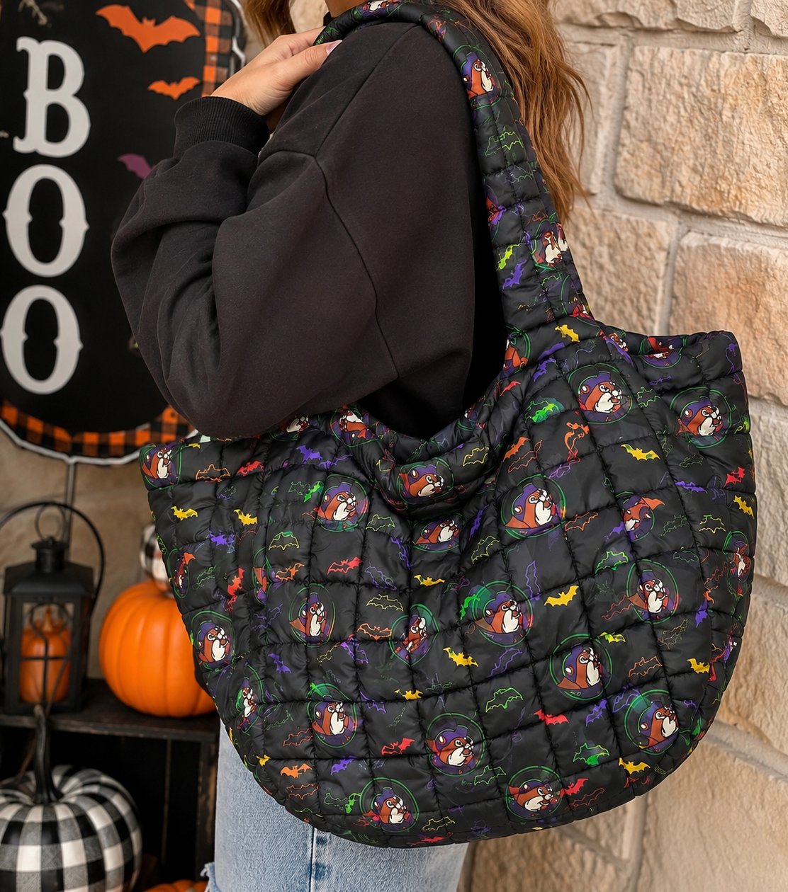 Buc-ee's neon bat puff tote bag
