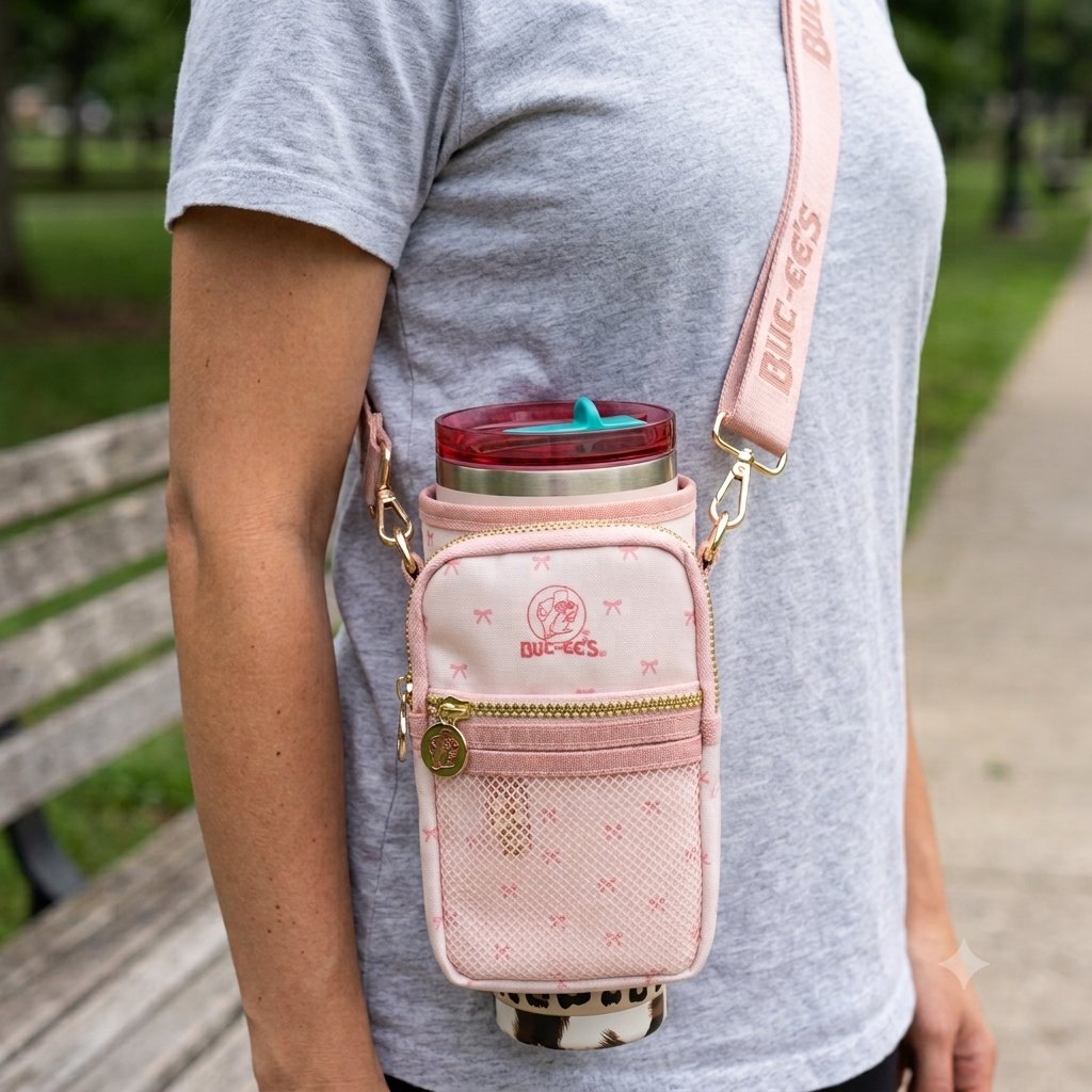 Buc-ee's pink crossbody tumbler bag