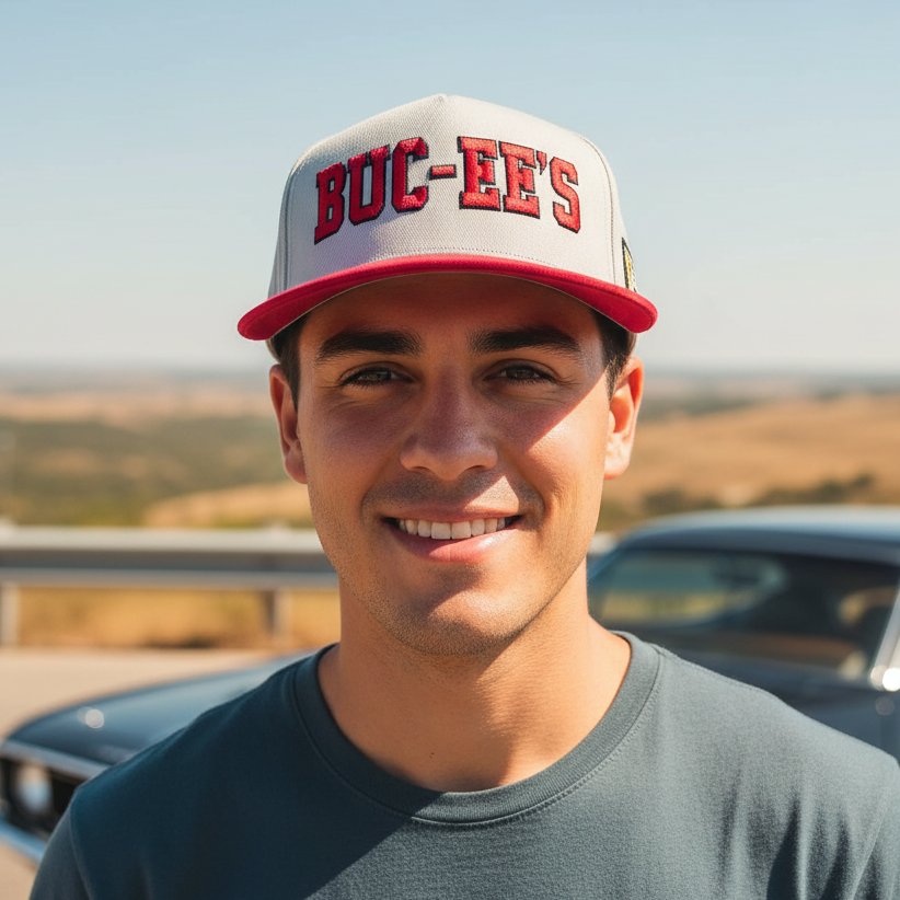 Buc-ee's gray hat with red embroidered logo