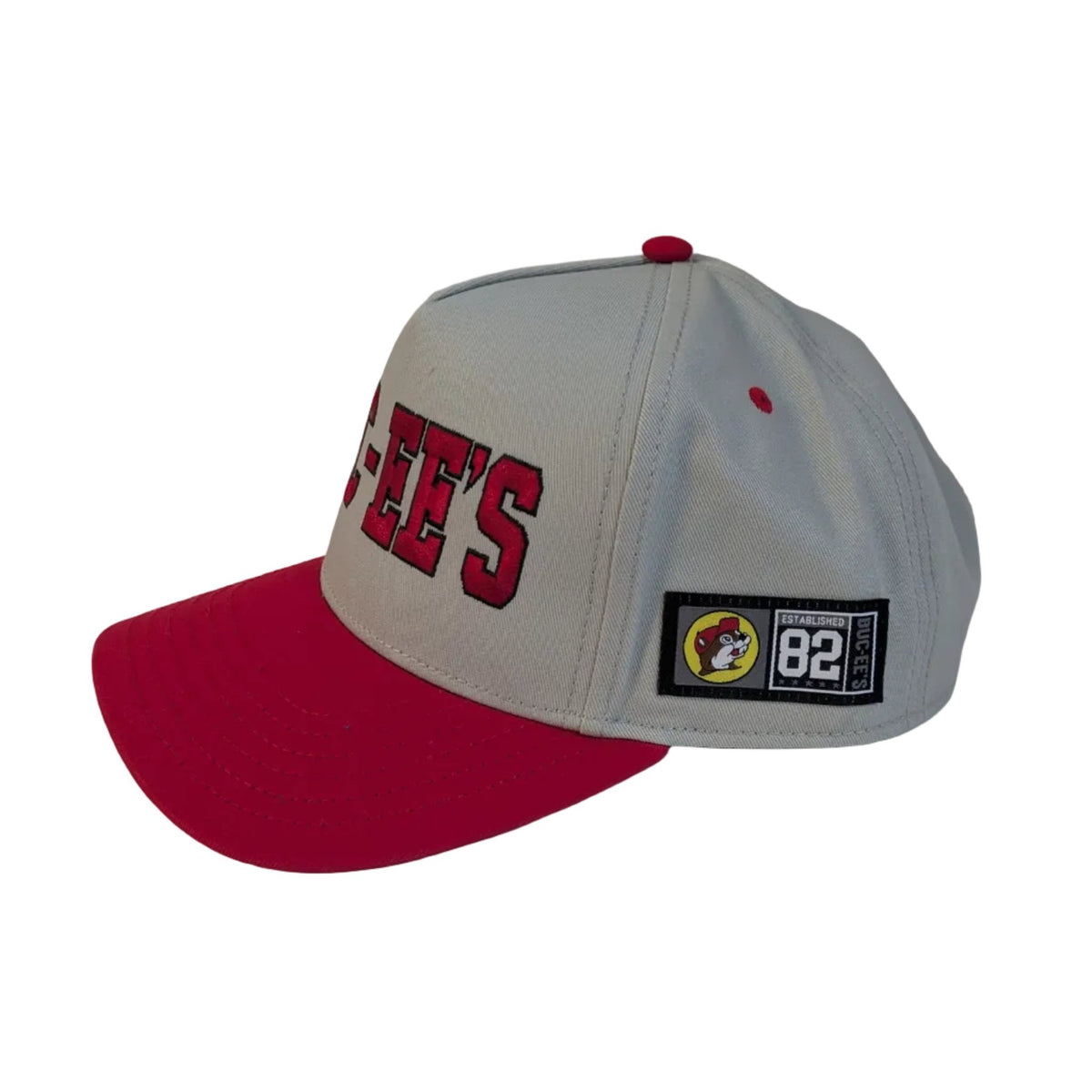 Buc-ee's gray hat with red embroidered logo