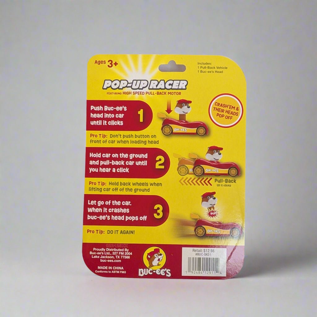 Buc-ee's pop up racer toy