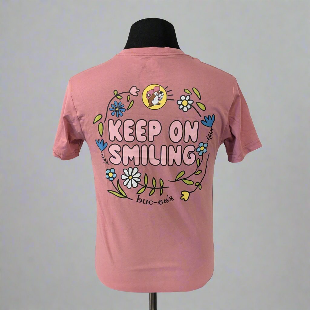 Buc-ee's youth keep on smiling pink t shirt