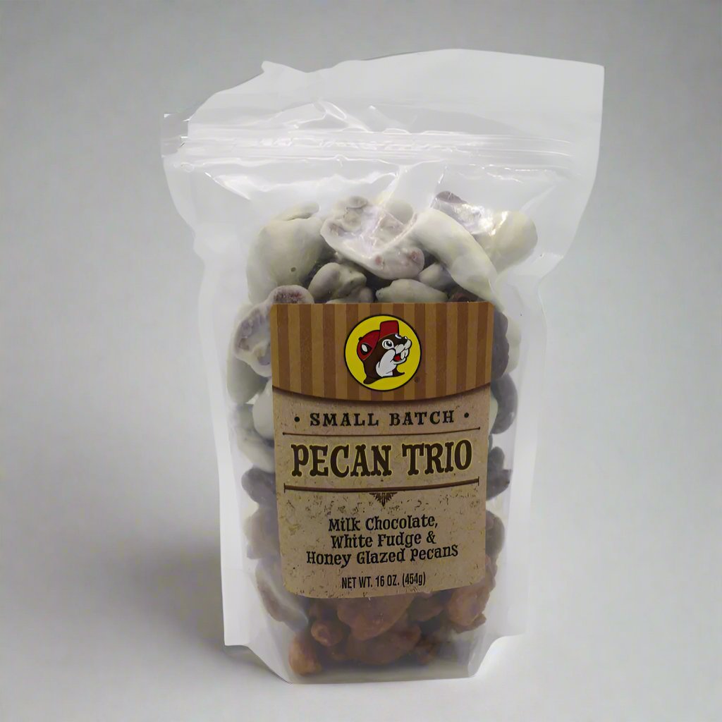 Buc-ee's pecan trio milk chocolate white fudge honey glazed pecans